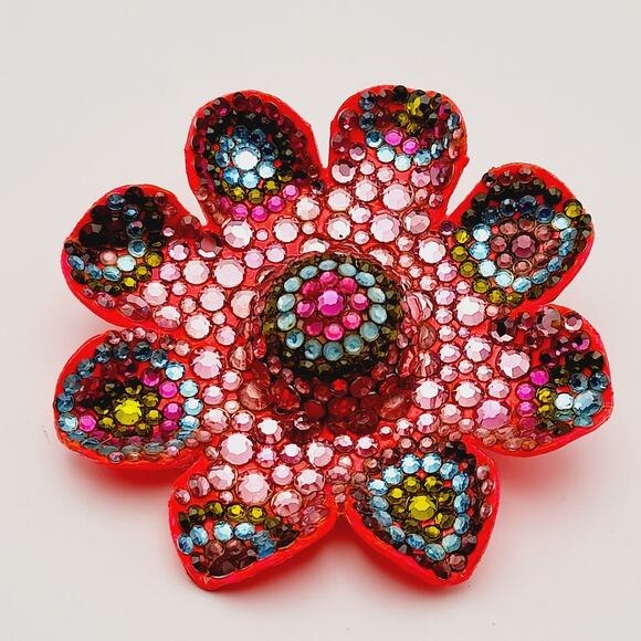 Vintage 1960s Hot Pink Enamel Flower Flat Back Rhinestones Large Brooch - Picture 5 of 8